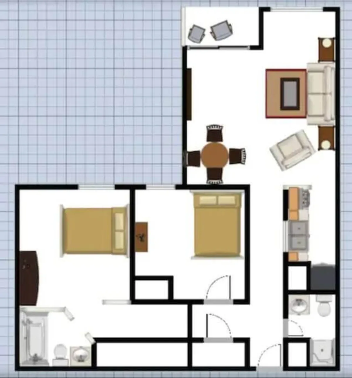 This image captures an open-plan living space with a cozy sofa, a central coffee table, a dining table, and glimpses of two bedrooms and the kitchen area. The layout is perfect for social gatherings, meals, and memorable group experiences.